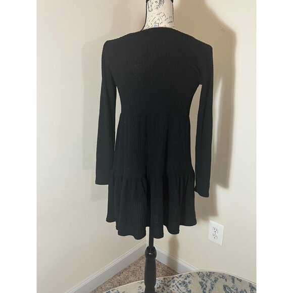 American Eagle Waffle Knit Mini Black Dress Tiered Long Sleeve Casual XS - Picture 3 of 9